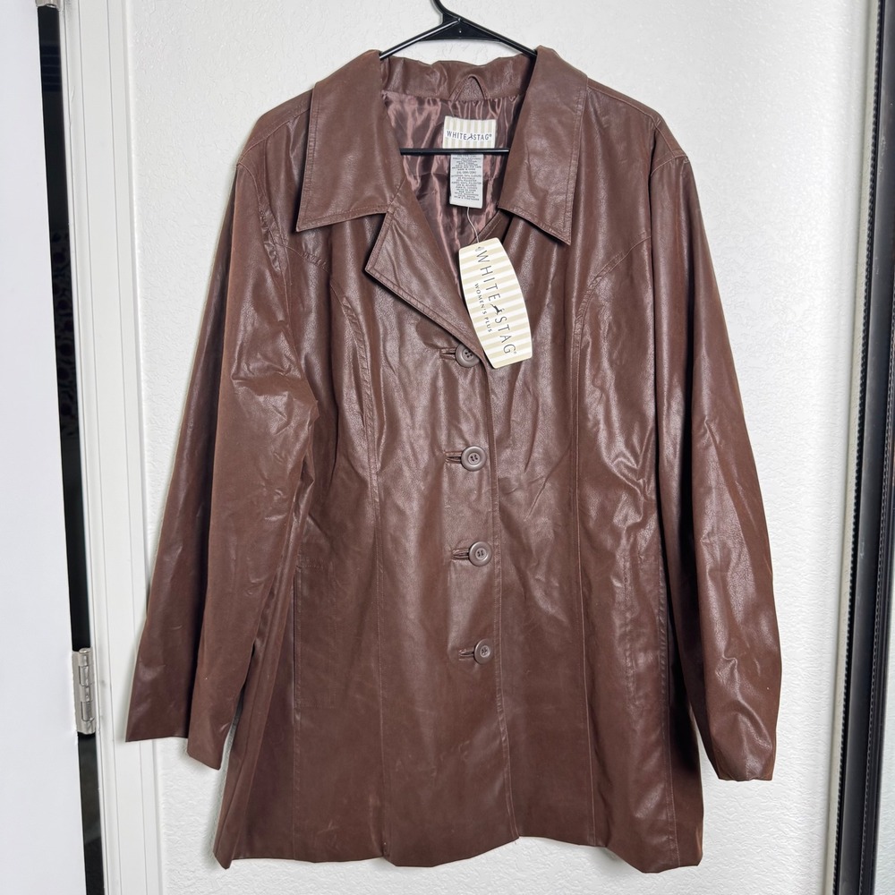 WhiteStag Faux Leather Blazer Women 2XL Brown Button Front Vintage 90s Style NWT